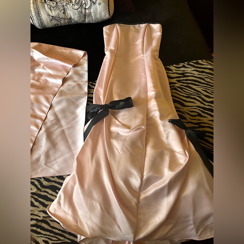 50s inspired formal pink and black bow dress